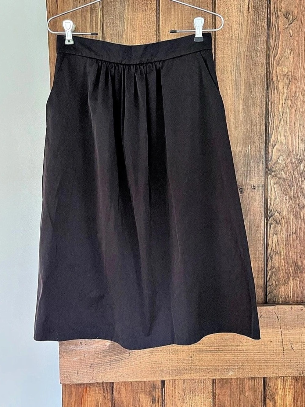 Zara Black Gathered Waist Cotton Blend Structured Midi Skirt Medium